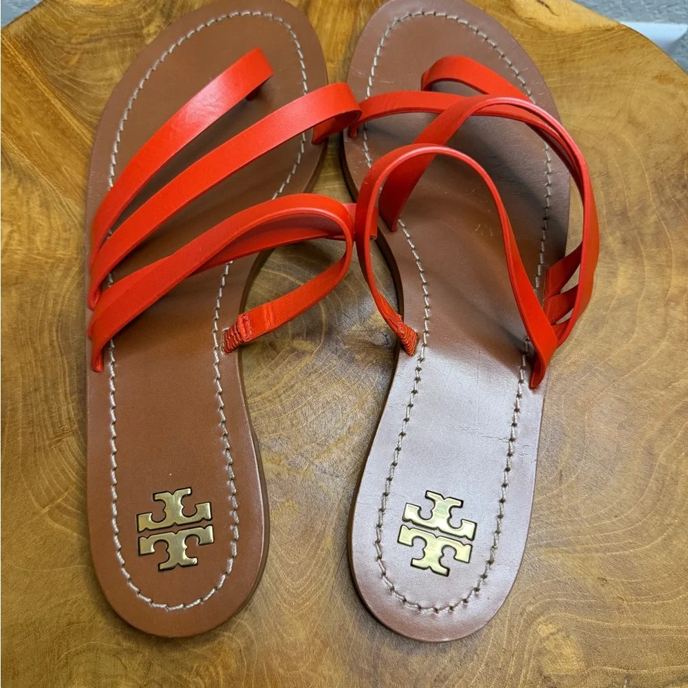 Tory Burch Patos Flat Slide Sandals in Samba Red Vachetta Leather Womens sz 7.5M